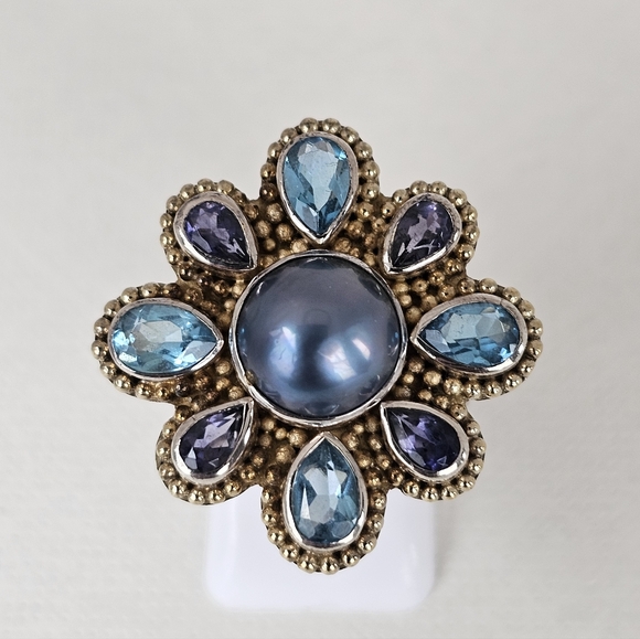 Exquisite Vintage Mabe Pearl, Swiss Topaz, Iolite Ring Sterling Silver Size 7! - Picture 5 of 8
